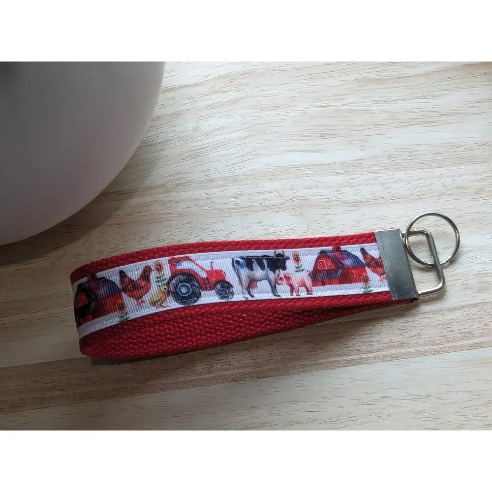 Farm Keychain Wristlet Handmade Fabric Key FOB Cow‎ Chicken Tractor Barn Farmer